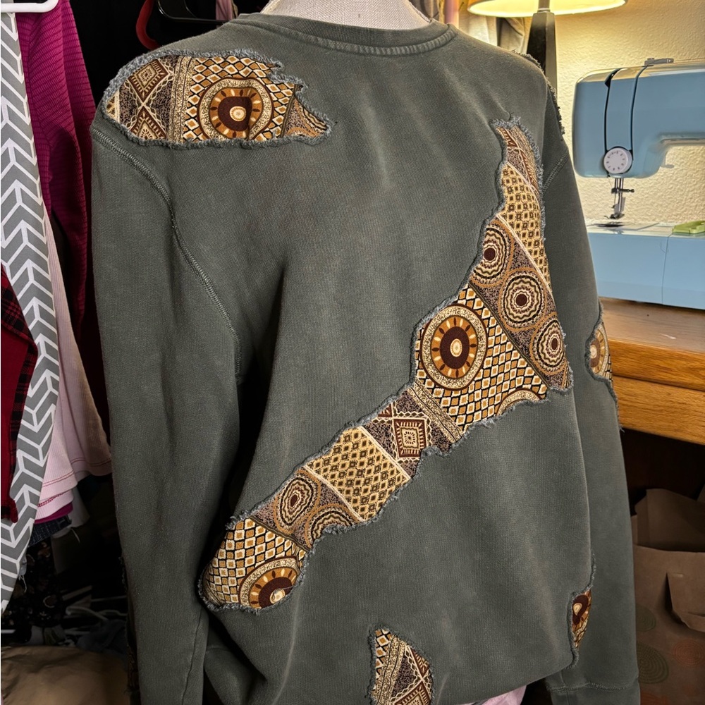 Unique Olive Green Patchwork Sweatshirt - image 1